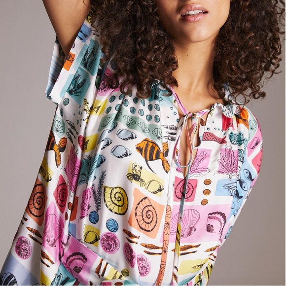 Beatrice B x Anthropologie Nautical Ocean Lg Blue Pink Silk Ruffle Mini Italy - Picture 2 of 7